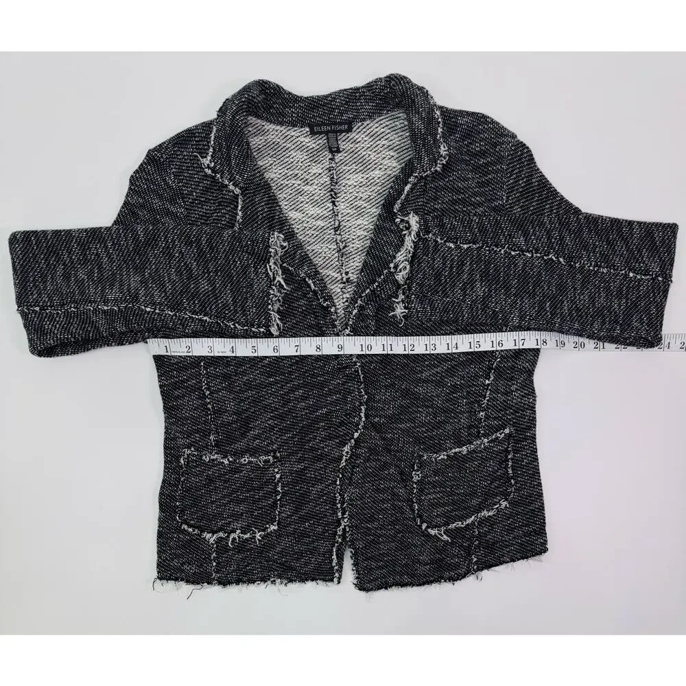 Eileen Fisher Black White Textured Fringe Tweed Blazer Cardigan Size S Petite - Picture 9 of 10